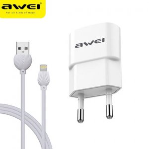 Awei Σετ Αντάπτορας - Φορτιστής με Θύρα USB-A 2.1Α Γρήγορης Φόρτισης &amp; Καλώδιο USB σε Lightning 1m - Λευκό