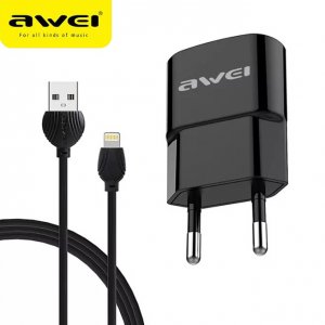 Awei Σετ Αντάπτορας - Φορτιστής με Θύρα USB-A 2.1Α Γρήγορης Φόρτισης &amp; Καλώδιο USB σε Lightning 1m - Μαύρο