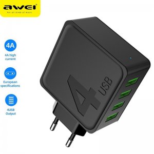 Τετραπλός Φορτιστής Πρίζας 100-240V με 4x USB Θύρες 4.0A Γρήγορης Φόρτισης - Αντάπτορας Τοίχου AWEI - Μαύρο, Μαύρο