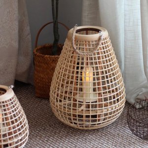 Μεγάλο Κρεμαστό &amp; Επιδαπέδιο Διακοσμητικό Boho Φαναράκι Bamboo Καφέ 38x38x48cm