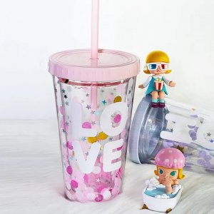 Ποτήρι με Καπάκι &amp; Καλαμάκι 450ml Πλαστικό - LOVE  16x6.5cm