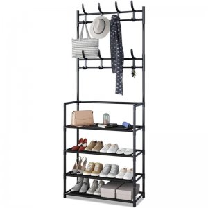 Quick Set Up - Μεταλλική Ραφιέρα Παπουτσοθήκη με Πλαστικούς Συνδέσμους 154x60x29cm 4 Επιπέδων &amp; Κρεμάστρα, Τουαλέτας Μπάνιου, Έπιπλο Εισόδου Μαύρο