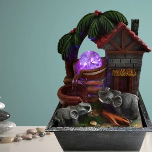 Feng Shui Διακοσμητικός Καταρράκτης Τρεχούμενου Νερού από Κιούπια με Ελέφαντες Καλοτυχίας &amp; Φωτισμό LED