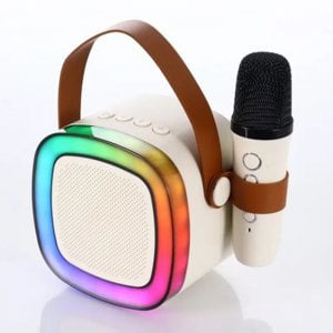 Φορητό Μίνι Ηχοσύστημα Bluetooth Καραόκε με Ασύρματο Μικρόφωνο Bluetooth Κρεμ