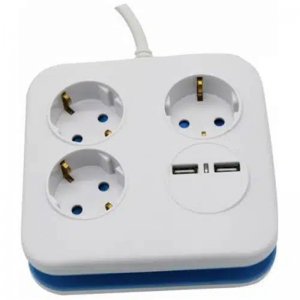 Πολύπριζο 3 Θέσεων και 2 Θυρών USB Λευκό/Γαλάζιο