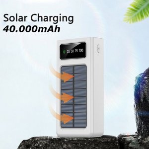 Ηλιακό Powerbank 40000mAh με Ενσωματωμένα Καλώδια Φόρτισης, Θύρα Micro USB και Ενσωματωμένο Φακό Treqa Λευκό
