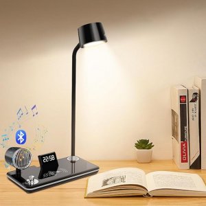 4 σε 1 Επιτραπέζια Λάμπα LED με Ηχείο Bluetooth, Ασύρματο Φορτιστή 15W &amp; Ρολόι - Μαύρο