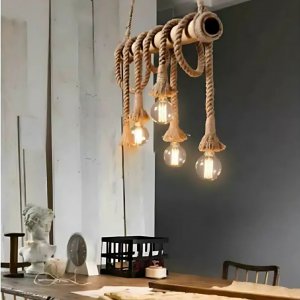 Ξύλινο Φωτιστικό Οροφής 40W με Σχοινιά &amp; 4 Λαμπτήρες Ε27