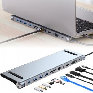 11 σε 1 Docking Station - Βάση Λάπτοπ Type-C με 4 Θύρες USB, 1 Type-C, HDMI, VGA, Card Reader, Ethernet &amp; Audio Jack 3,5 mm - Andowl