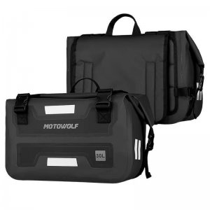 Motowolf Σετ Αδιάβροχων Πλευρικών Σακιδίων 60lt για Μηχανή με Ιμάντες &amp; Ανακλαστικά Μαύρο