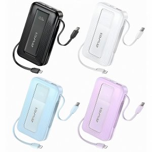 Awei Travel Light Power Bank 10000mAh – Ενσωματωμένα Καλώδια USB-C και Lightning 22.5W, Διπλή Έξοδος
