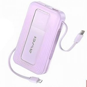 Awei Travel Light Power Bank 10000mAh – Ενσωματωμένα Καλώδια USB-C και Lightning 22.5W, Διπλή Έξοδος Μοβ
