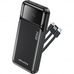 Power Bank 10000mAh Awei PA-91 – Γρήγορη Φόρτιση 22.5W με Ενσωματωμένο Καλώδιο | Οθόνη LED, USB-C &amp; Lightning, Compact Σχεδιασμός