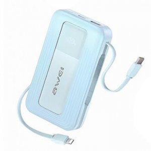 Awei Travel Light Power Bank 10000mAh – Ενσωματωμένα Καλώδια USB-C και Lightning 22.5W, Διπλή Έξοδος Μπλε