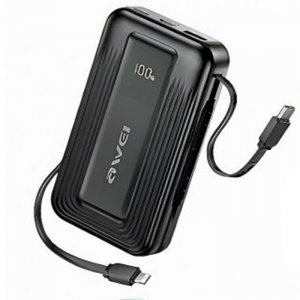 Awei Travel Light Power Bank 10000mAh – Ενσωματωμένα Καλώδια USB-C και Lightning 22.5W, Διπλή Έξοδος Μαύρο