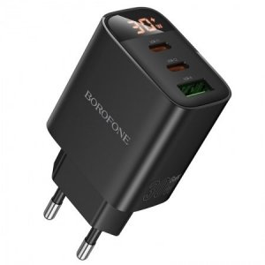 Φορτιστής Τοίχου Borofone 30W PD – 2x USB-C &amp; USB-A | Ταχεία Φόρτιση, LED Οθόνη &amp; Καλώδιο Lightning, για iPhone, Android, Tablet