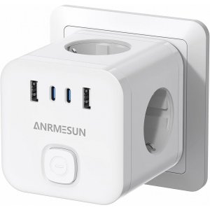 Πολύπριζο Cube Anrmesun – 7 σε 1 με 3 Πρίζες &amp; 4 USB - 3840W, Γρήγορη Φόρτιση PD 20W, Compact, Προστασία Υπερφόρτωσης