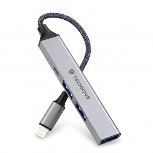 Αντάπτορας Lightning 4 σε 1 Technovo – 3x USB 3.0 &amp; USB-C - OTG για iPhone/iPad, Σύνδεση Πληκτρολογίου, Ποντικιού, Gamepad
