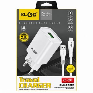 Φορτιστής Ταχείας Φόρτισης KLGO KC-09T 2.1A με Καλώδιο USB-C Λευκός
