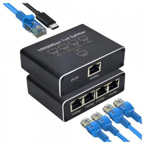 Ethernet Splitter 1 σε 4 Gigabit – Σύνδεση 4 Συσκευών Ταυτόχρονα - 1000Mbps, Τροφοδοσία USB-C, Plug &amp; Play για PC, TV, Router