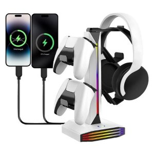Βάση Gaming - 2 σε 1 RGB Οργάνωση Για Ακουστικά &amp; Χειριστήρια - 7 Λειτουργίες φωτισμού, 2 USB, Plug &amp; Play