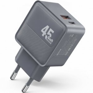Ταχυφορτιστής GaN 45W - USB-C και USB-A, γρήγορη φόρτιση σε γκρι χρώμα