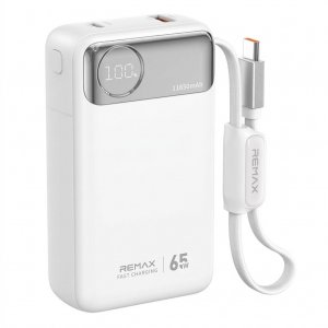 Power Bank 11850mAh 65W PD - Ταχεία Φόρτιση με Ενσωματωμένο Καλώδιο USB-C &amp; Οθόνη LED για Laptops, Tablets &amp; Smartphones Λευκό