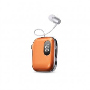 Bluetooth Ακουστικό V6.0 - Hands-free με Κλιπ Πέτου &amp; 90H Αυτονομία - ENC, Ταχεία Φόρτιση, Αναδιπλούμενο Καλώδιο &amp; Ψηφιακή Οθόνη Πορτοκαλί