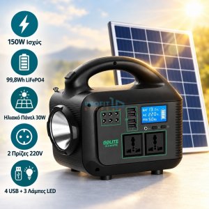 Σετ Ηλιακός Σταθμός Ενέργειας 150W με Ηλιακό Πάνελ 30W, Φορητός, Μπαταρία LiFePO4, 2 Πρίζες 220V, USB, 3 Λάμπες LED, Φακός, για Κάμπινγκ και Διακοπές Ρεύματος