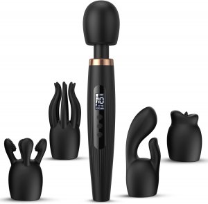 Δονητής Μασάζ Wand Vibrator με Οθόνη LCD και 4 Εναλλακτικές Κεφαλές, Εύκαμπτος Λαιμός 360 μοίρες, 5 Μοτίβα Δόνησης, Αδιάβροχος IPX6, Επαναφορτιζόμενος, Μαύρος