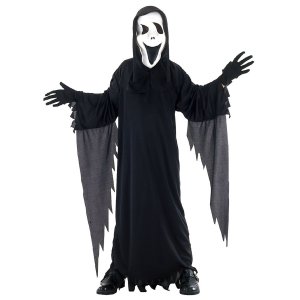 Στολή Halloween Εφηβική Χάρος, Μαύρο Φόρεμα με Κουκούλα και Λευκή Μάσκα Τρόμου, Σκισμένα Μανίκια