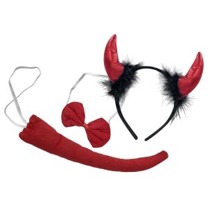 Σετ Αξεσουάρ Διαβολάκι Halloween 3 Τεμαχίων, Στέκα με Κόκκινα Κέρατα και Μαύρα Φτερά, Παπιγιόν και Ουρά