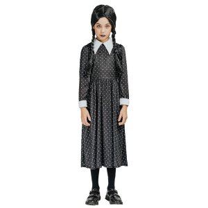 Στολή Halloween Παιδική Gothic Κορίτσι, Μακρύ Μαύρο Φόρεμα με Λευκό Γιακά και Λευκές Μανσέτες, Σχέδιο με Αστεράκια