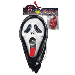 Μάσκα Τρόμου Halloween Scream Πετάει Αίμα, Πλαστική Μάσκα Φάντασμα με Μαύρη Κουκούλα, Αποκριάτικη Μάσκα Horror