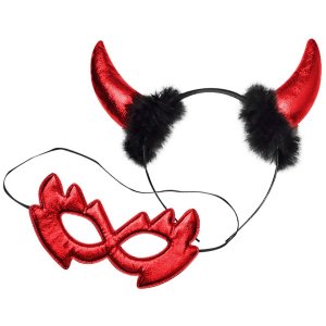 Σετ Αξεσουάρ Διαβολάκι Halloween 2 Τεμαχίων 20x19cm, Στέκα με Κόκκινα Κέρατα και Κόκκινη Μάσκα Ματιών