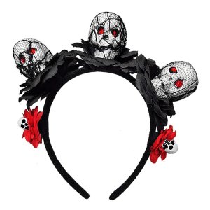 Στέκα Halloween Day of Dead 18x18cm με Τρία Κρανία με Μαύρο Δίχτυ, Μαύρα και Κόκκινα Λουλούδια