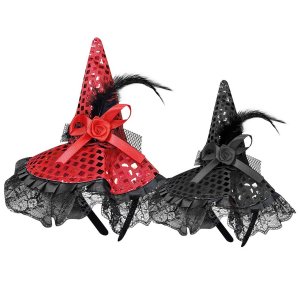 Στέκα Halloween Καπέλο Μάγισσας με Πούλιες, Φτερό, Φιόγκο και Δαντέλα, Κόκκινη ή Μαύρη, 26x20cm