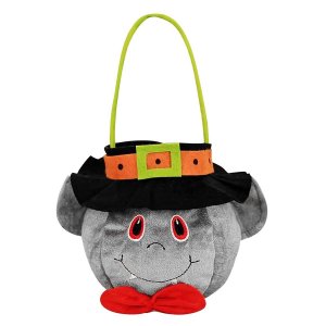 Τσαντάκι Halloween Τσόχινο Μάγισσας Γκρι με Μαύρο Καπέλο και Πράσινο Χερούλι 15x14cm, Trick or Treat