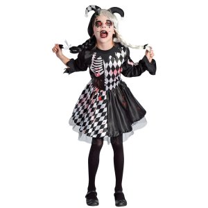 Στολή Halloween Παιδική Κακός Αρλεκίνος, Φόρεμα Ασπρόμαυρο Καρό με Σκελετό και Αξεσουάρ Κεφαλής για Κορίτσι