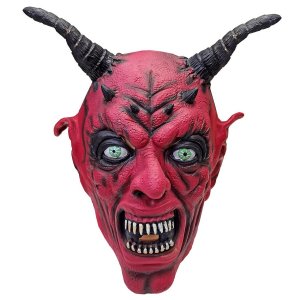 Μάσκα Τρόμου Halloween Latex Κόκκινο Τέρας με Μεγάλα Μαύρα Κέρατα, Πράσινα Μάτια και Κοφτερά Δόντια