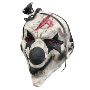Μάσκα Τρόμου Latex Halloween Τρομαχτικός Κλόουν Ασπρόμαυρος με Κόκκινη Ουλή, Μαύρα Μαλλιά και Καπελάκι, Ολοκέφαλη