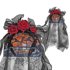 Στέκα Halloween Day of the Dead με Κόκκινα Τριαντάφυλλα, Μαύρο Τούλι και Μαύρο Πέπλο Δαντέλα με Αράχνες