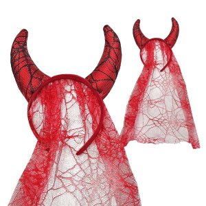 Στέκα Halloween Devil με Κόκκινα Κέρατα και Κόκκινο Πέπλο με Σχέδιο Ιστού Αράχνης για Μεταμφίεση