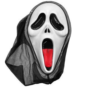 Μάσκα Φάντασμα Scream Halloween με Κόκκινη Γλώσσα και Μαύρη Κουκούλα, Πλαστική Μάσκα Τρόμου 32x20cm