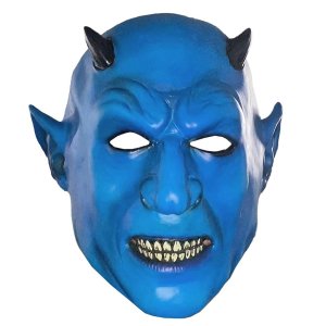 Μάσκα Τρόμου Halloween Latex Μπλε Δαίμονας με Μαύρα Κέρατα και Μυτερά Αυτιά, Μάσκα Μεταμφίεσης