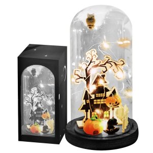 Διακοσμητική Γυάλα Halloween με 20 LED Φωτάκια, Στοιχειωμένο Σπίτι, Κολοκύθες και Κουκουβάγια, 22x11cm