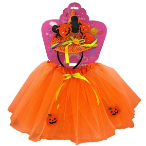 Σετ Αμφίεσης Halloween Κολοκύθες 2 τεμάχια, Πορτοκαλί Τούλινη Φούστα και Στέκα Καπέλο Μάγισσας με Κολοκύθες