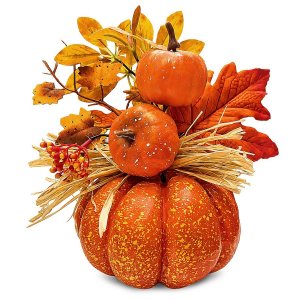 Διακοσμητική Κολοκύθα Halloween με Μικρές Κολοκύθες, Φθινοπωρινά Φύλλα και Κόκκινα Μούρα 23x16cm, Πορτοκαλί