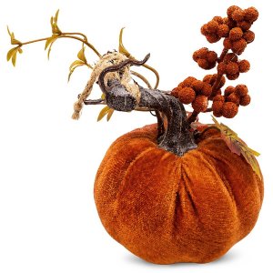 Διακοσμητική Κολοκύθα Halloween Πορτοκαλί Βελούδινης Όψης με Κλαδί Μούρων και Φύλλα, 15x11cm