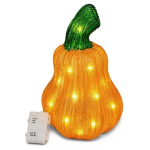 Διακοσμητική Κολοκύθα Halloween Ακρυλική με LED, Μπαταρίας, 35x22cm, Πορτοκαλί με Πράσινο Κοτσάνι